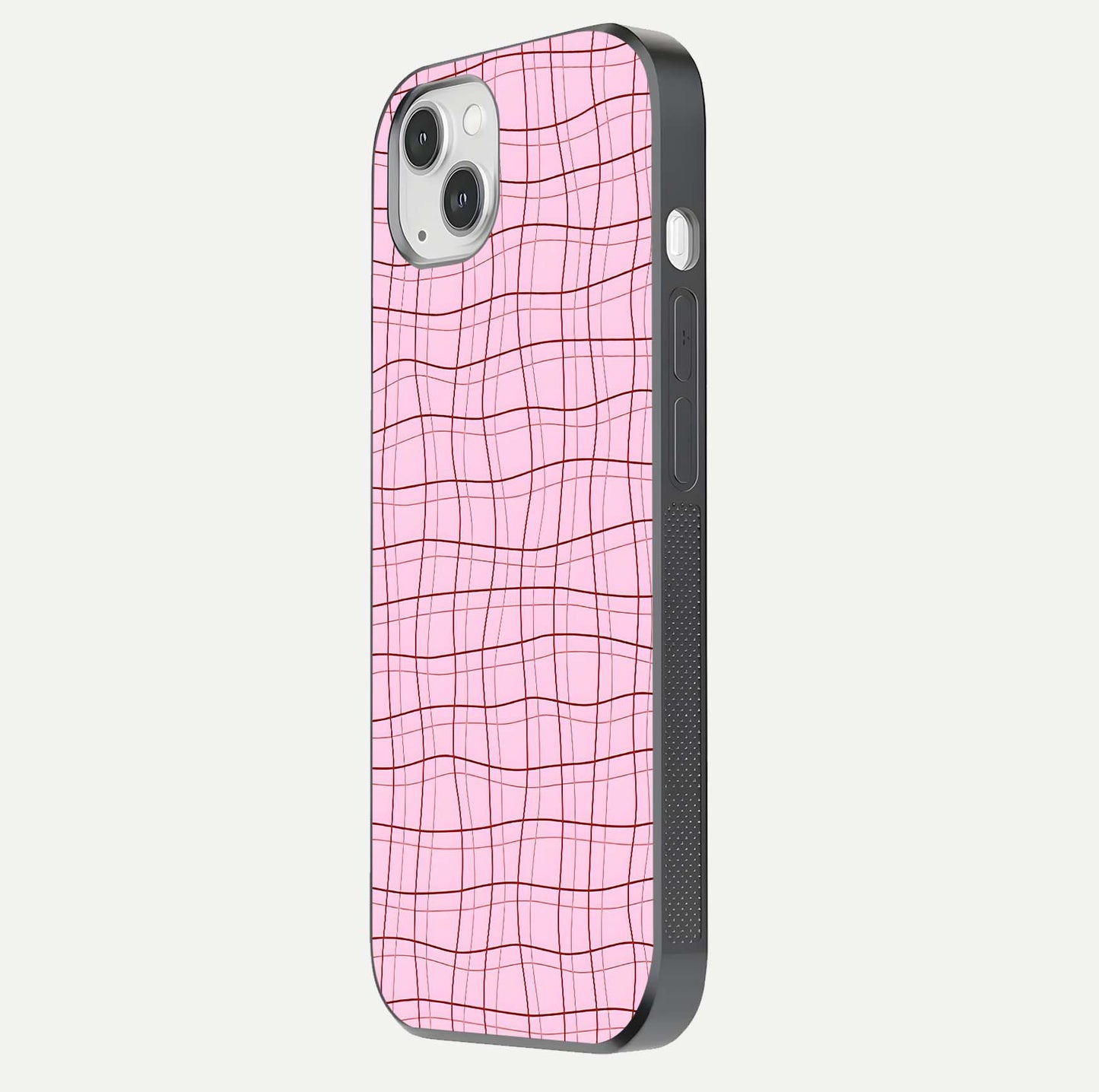 Soft Grid Bliss iPhone 14 Plus glass phone case side profile view focusing on sleek edges and seamless wrap
