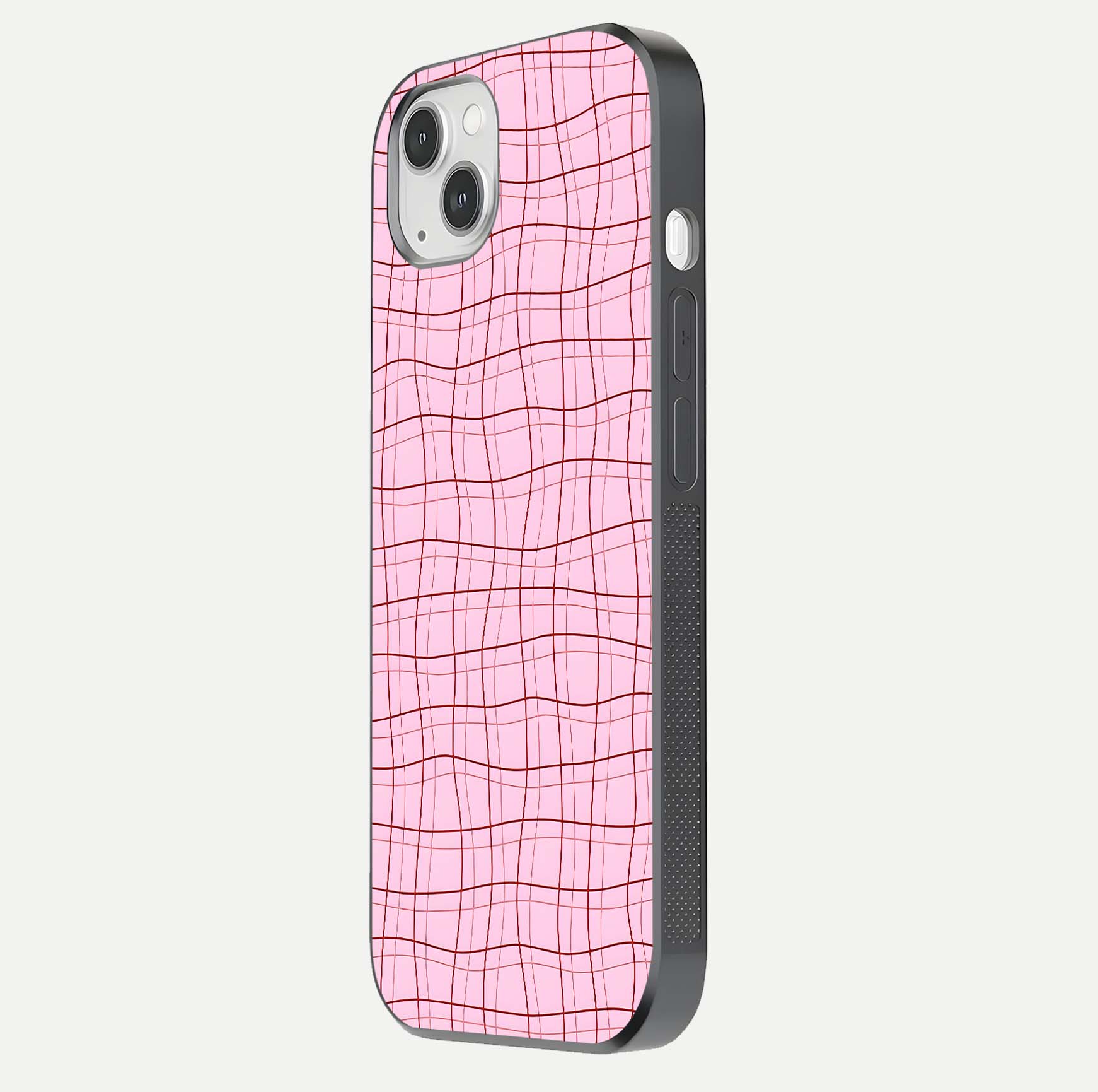 Soft Grid Bliss iPhone 14 Plus glass phone case side profile view focusing on sleek edges and seamless wrap
