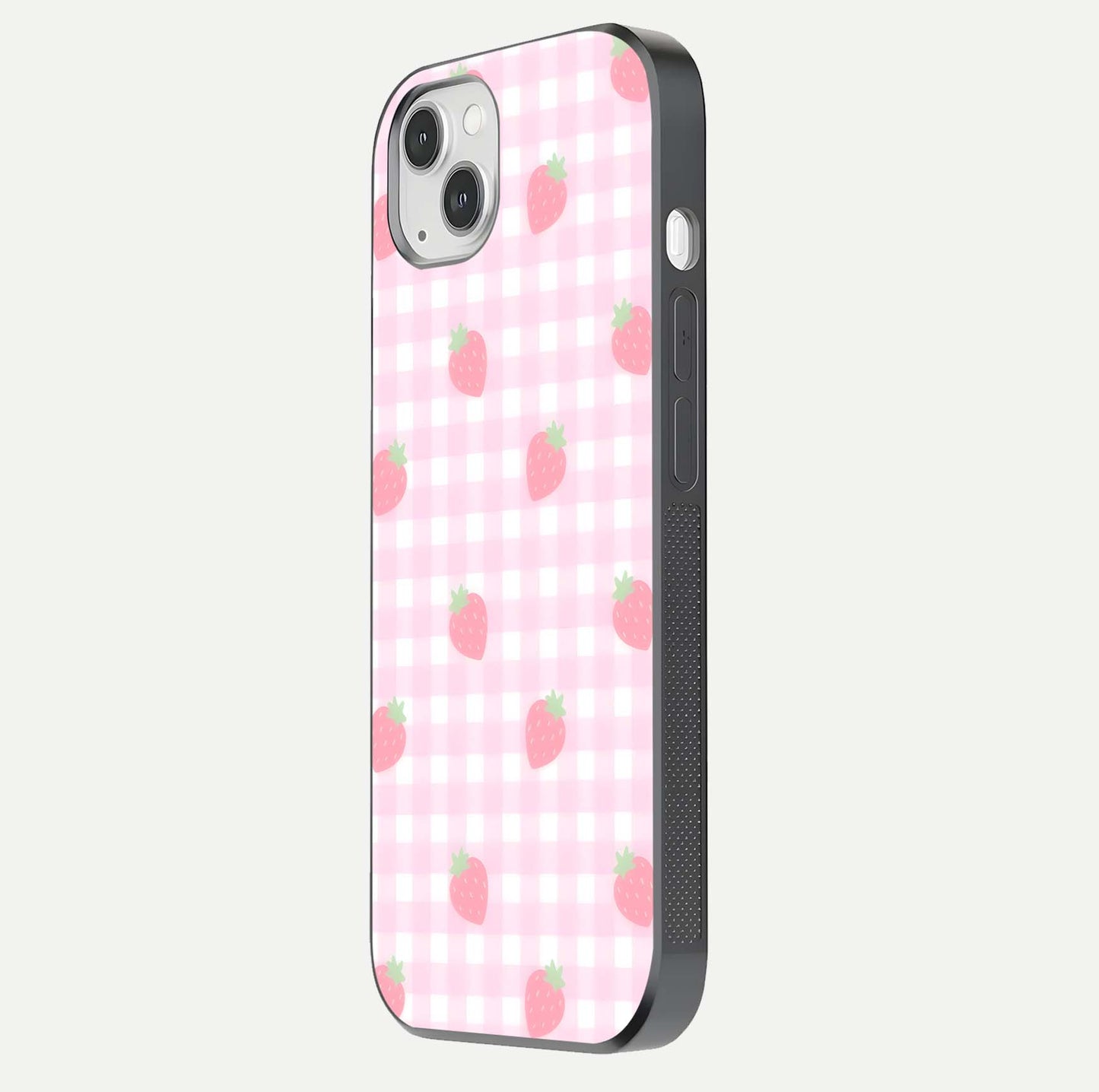 Strawberry Picnic Love iPhone 14 Plus glass phone case side profile view focusing on smooth frame and seamless wrap