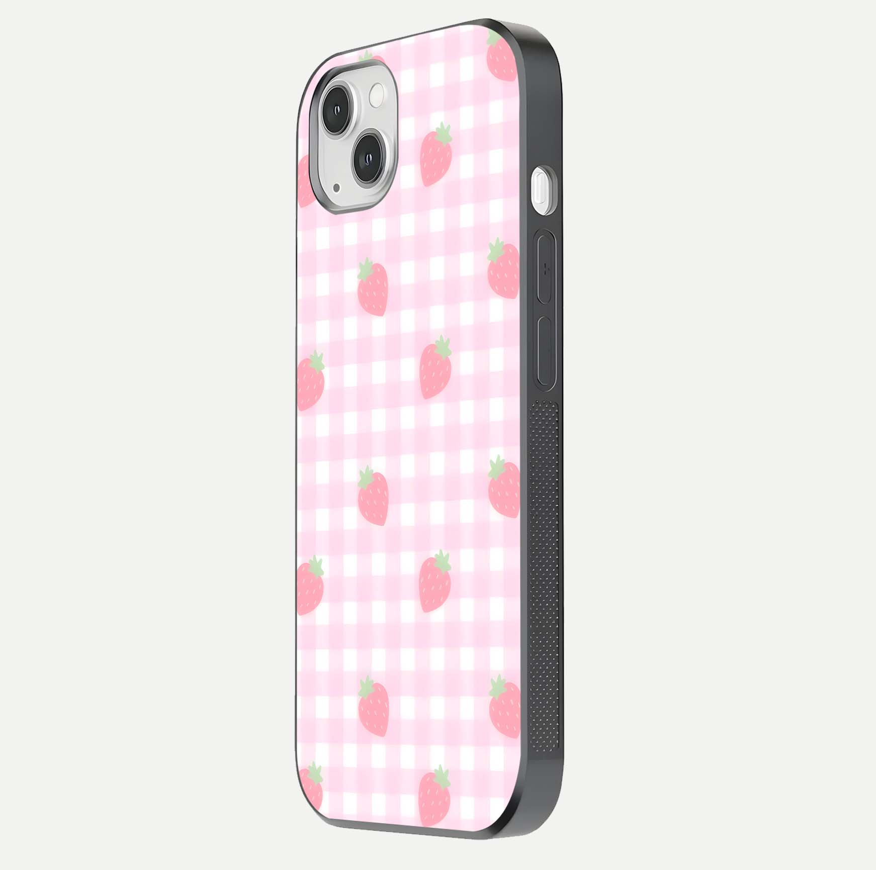 Strawberry Picnic Love iPhone 14 Plus glass phone case side profile view focusing on smooth frame and seamless wrap