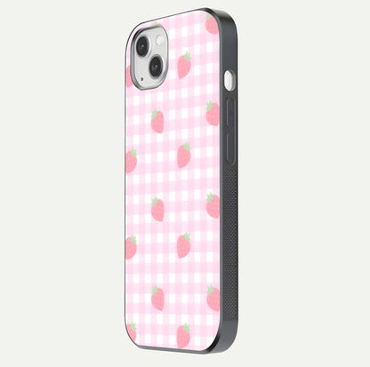 Strawberry Picnic Love iPhone 14 Plus glass phone case side profile view focusing on smooth frame and seamless wrap