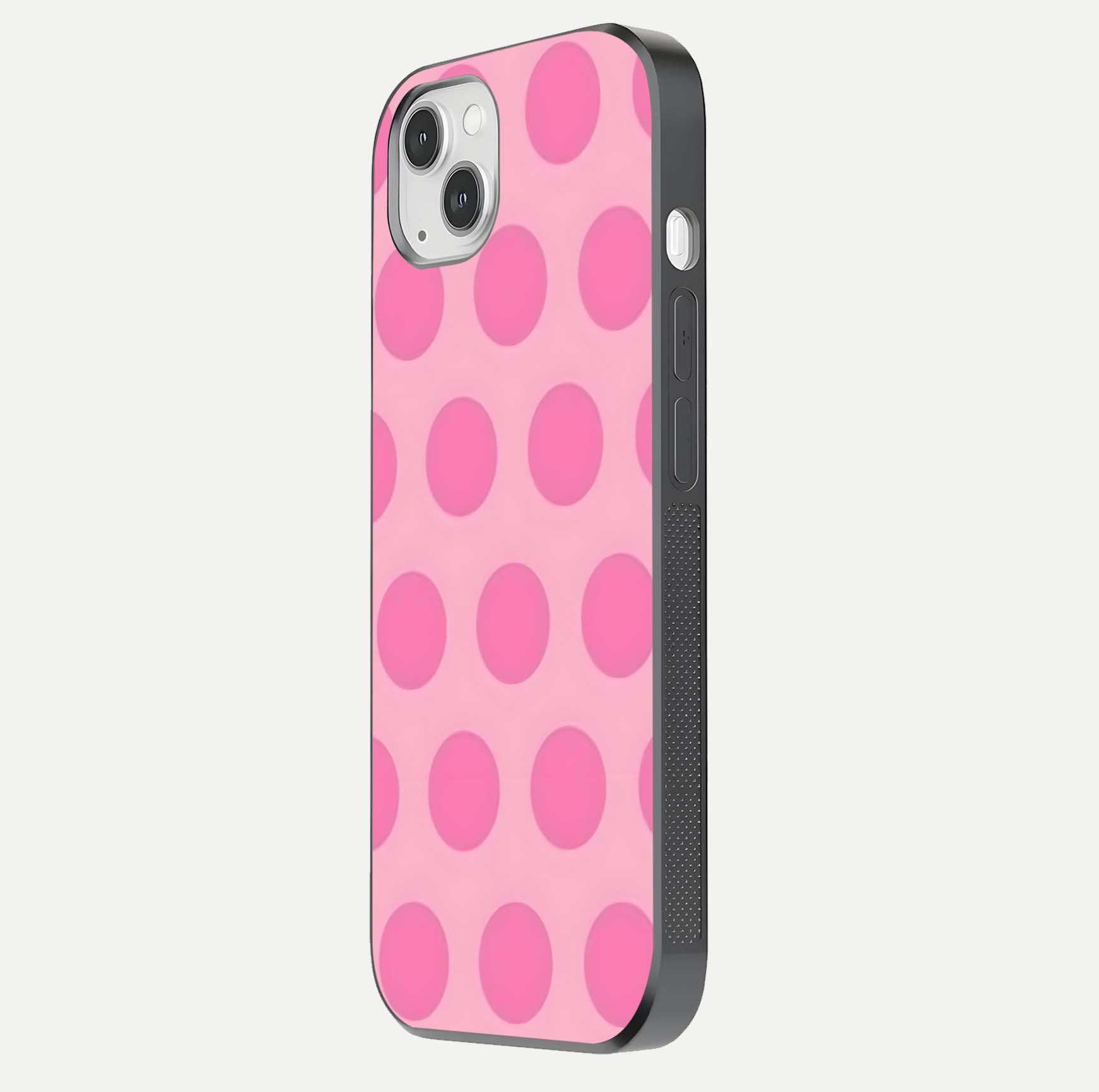 Sweet Dot Dreams iPhone 14 Plus glass phone case side profile view focusing on sleek edges and seamless wrap