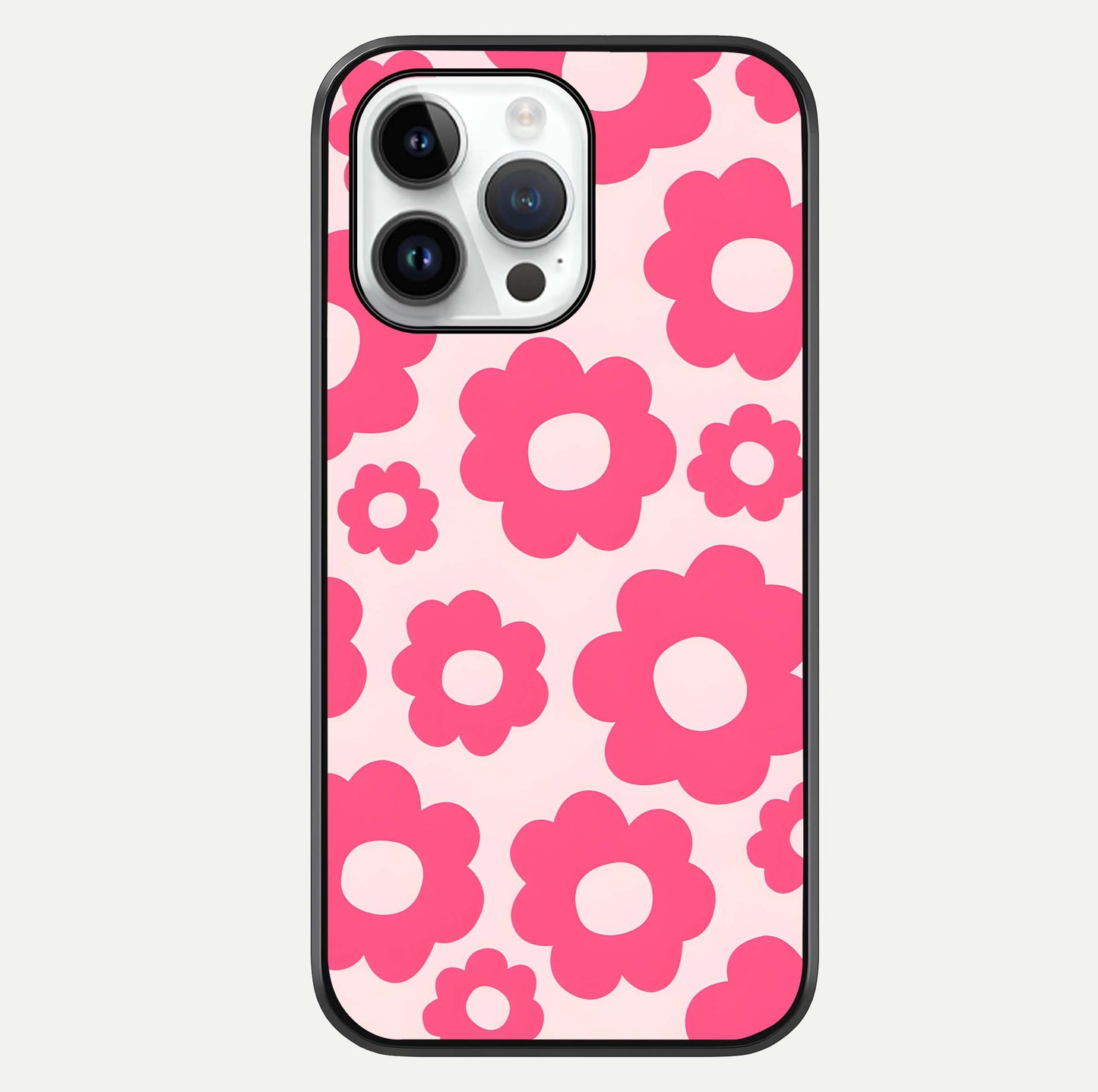 Blush Flower Pop iPhone 14 Pro glass phone case front view featuring playful blush floral artwork with glossy finish