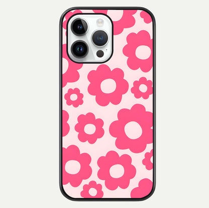 Blush Flower Pop iPhone 14 Pro glass phone case front view featuring playful blush floral artwork with glossy finish