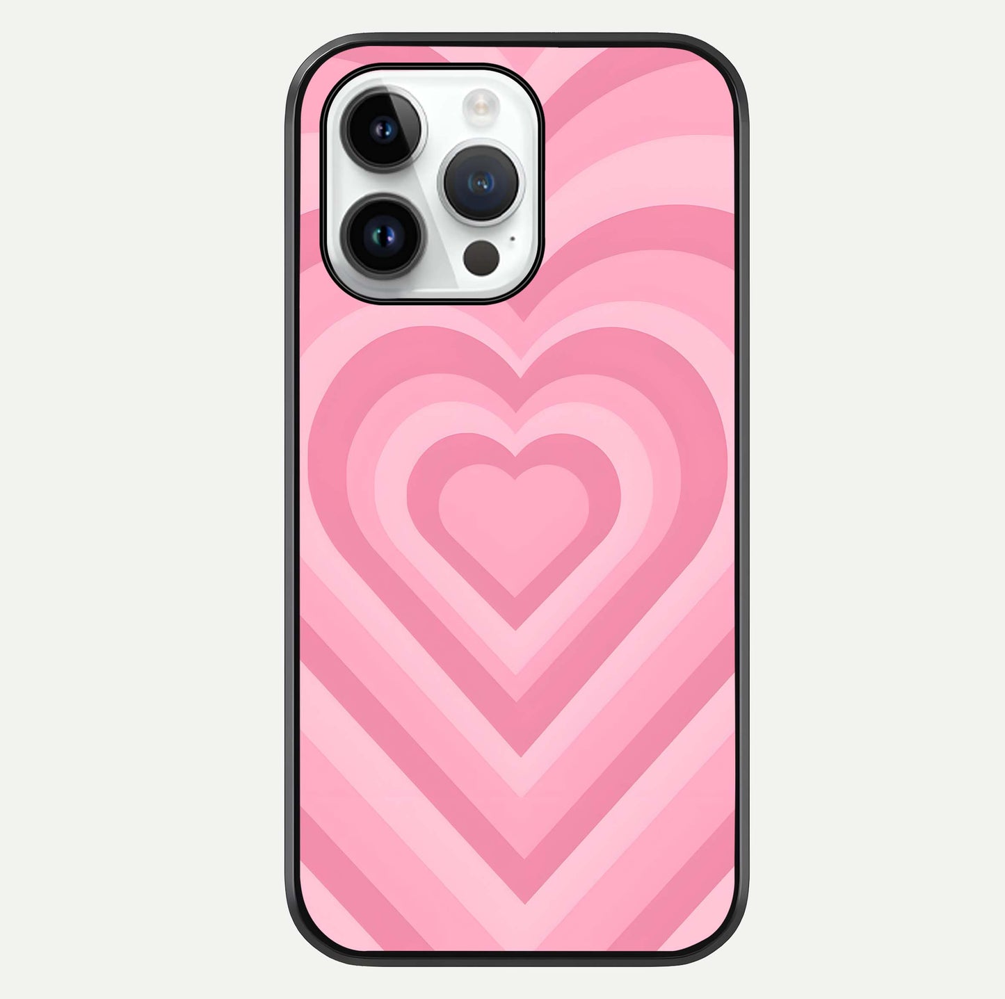 Blush Heart Waves iPhone 14 Pro glass phone case front view showcasing flowing heart wave patterns in soft blush tones