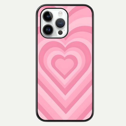 Blush Heart Waves iPhone 14 Pro glass phone case front view showcasing flowing heart wave patterns in soft blush tones