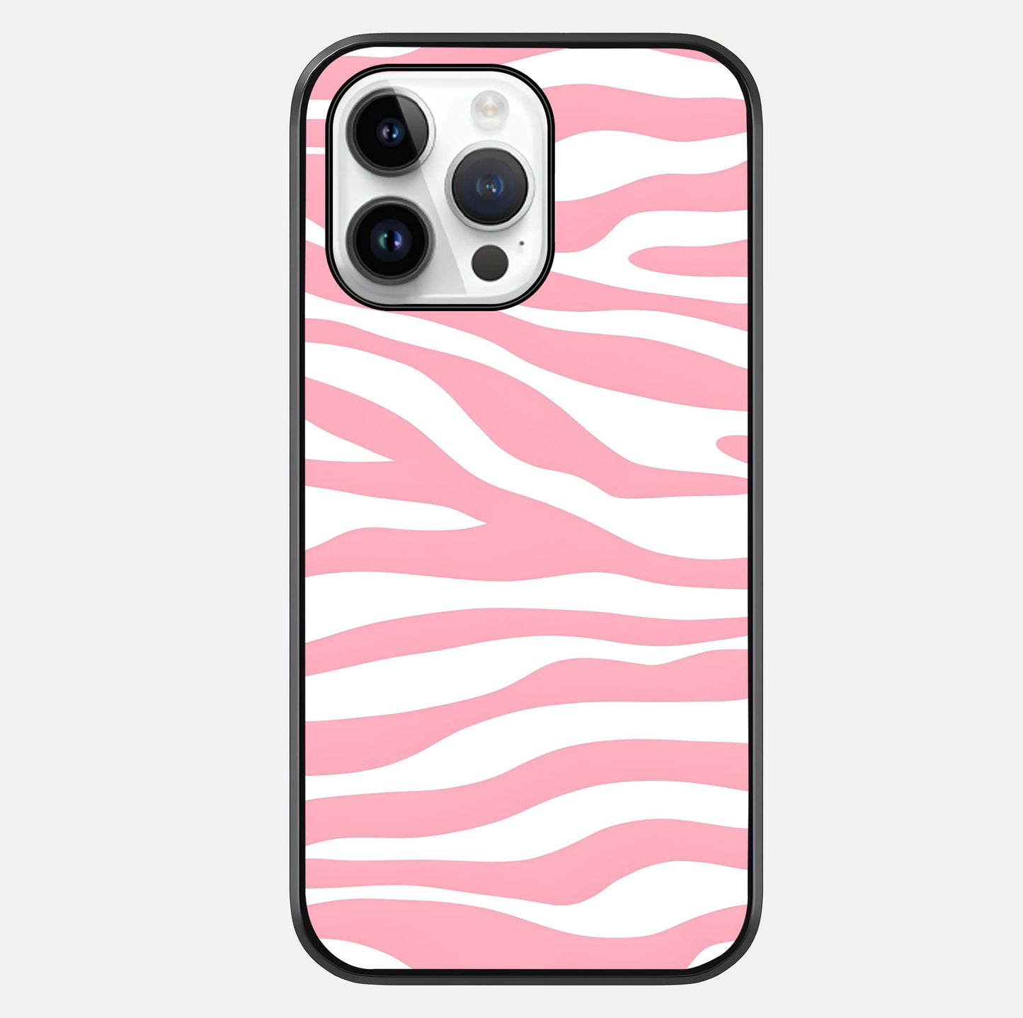 Blush Zebra Flow iPhone 14 Pro glass phone case front view featuring modern zebra flow pattern in blush tones