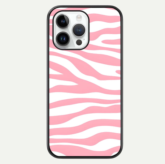 Blush Zebra Flow iPhone 14 Pro glass phone case front view featuring modern zebra flow pattern in blush tones