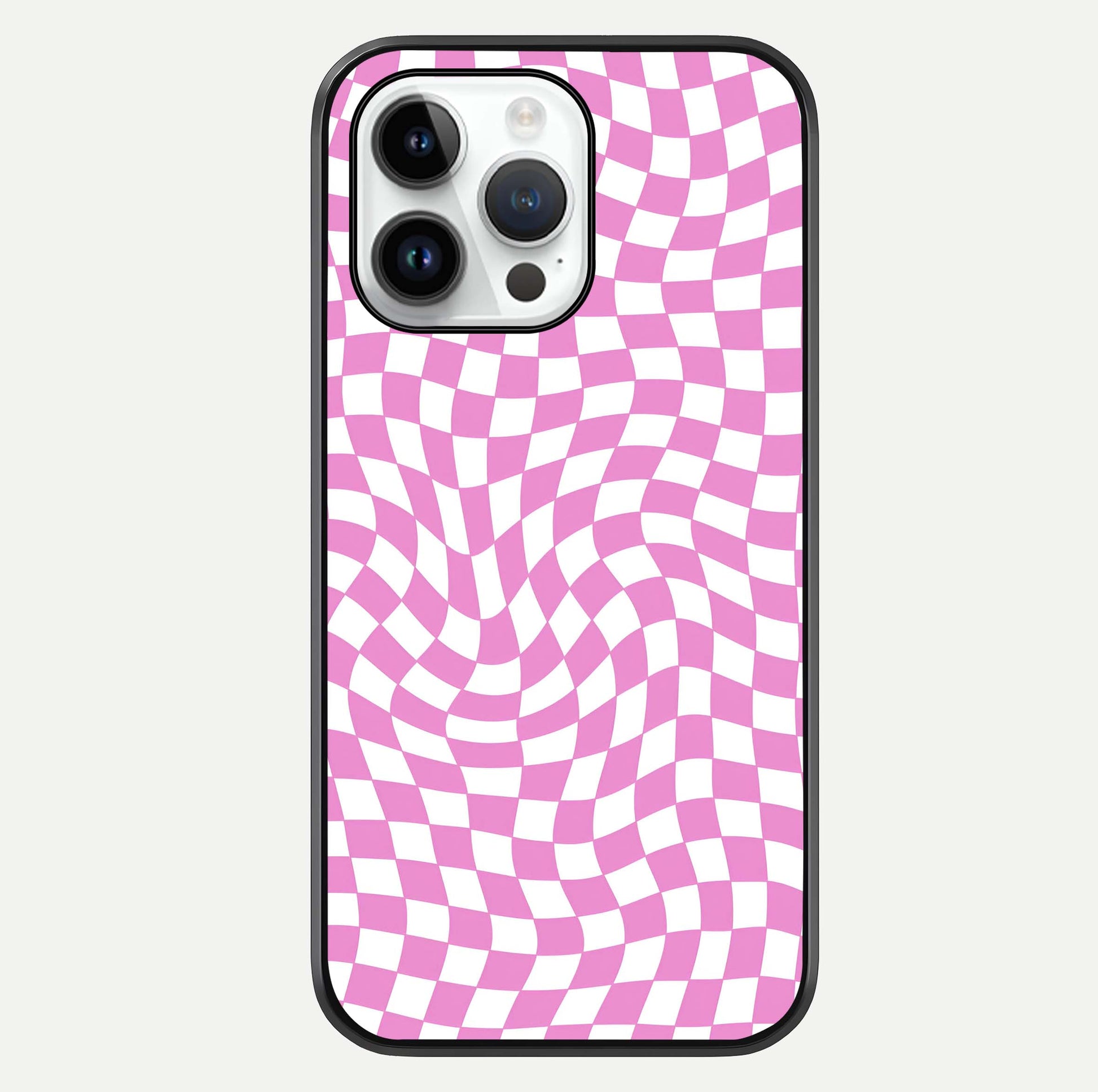 Bubblegum Check Wave iPhone 14 Pro glass phone case front view showcasing playful bubblegum check wave pattern with glossy finish