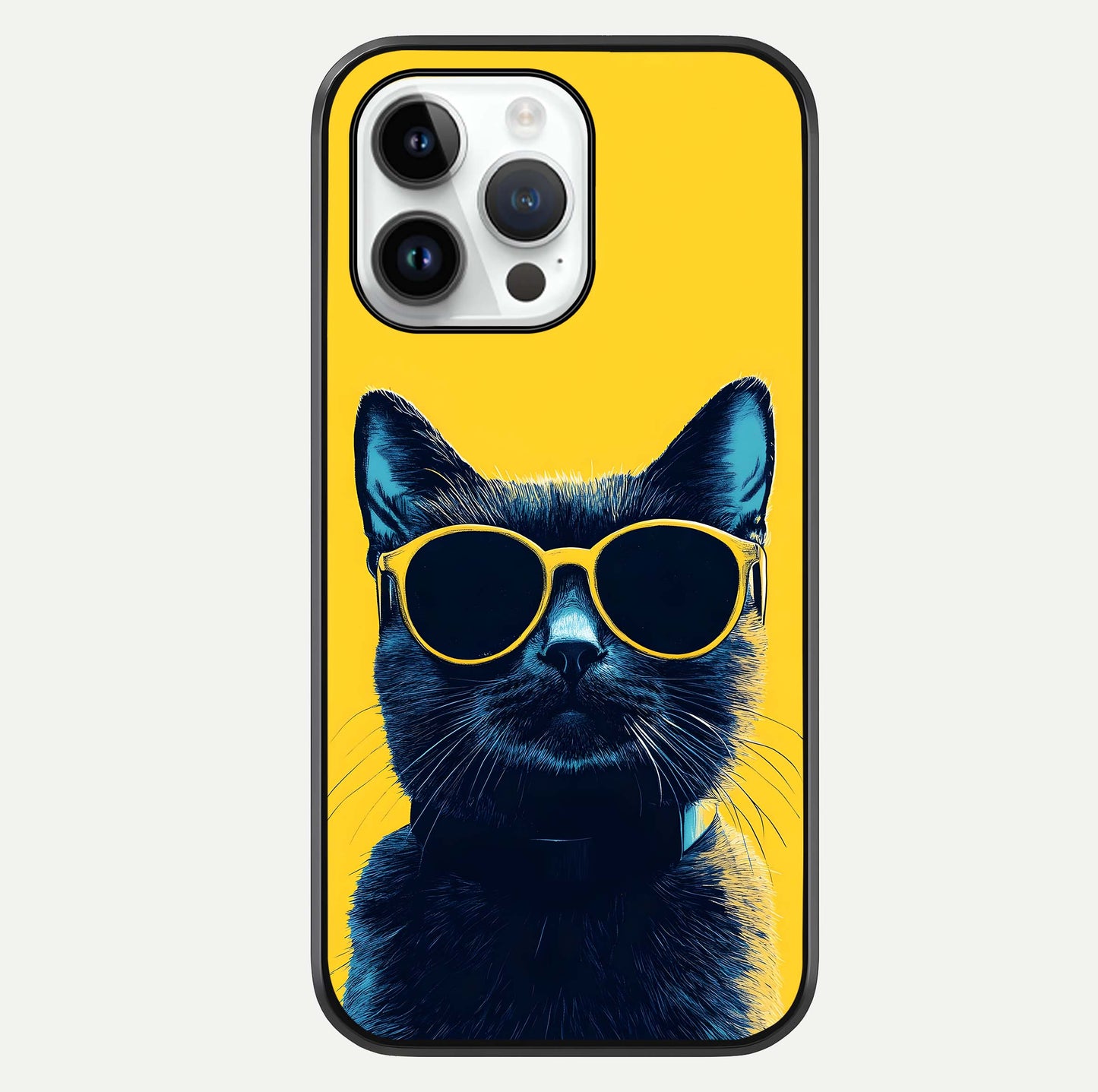 Cool Cat Vibes iPhone 14 Pro glass phone case front view featuring playful cat illustration with cool aesthetic tones