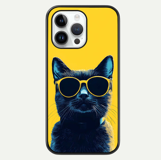 Cool Cat Vibes iPhone 14 Pro glass phone case front view featuring playful cat illustration with cool aesthetic tones