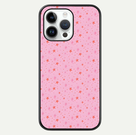 Cosmic Pink Sparkle iPhone 14 Pro glass phone case front view showcasing shimmering pink cosmic artwork with glossy finish