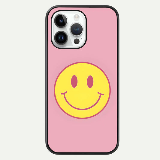 Happy Pink Mood iPhone 14 Pro glass phone case front view featuring cheerful pink tones and playful aesthetic design