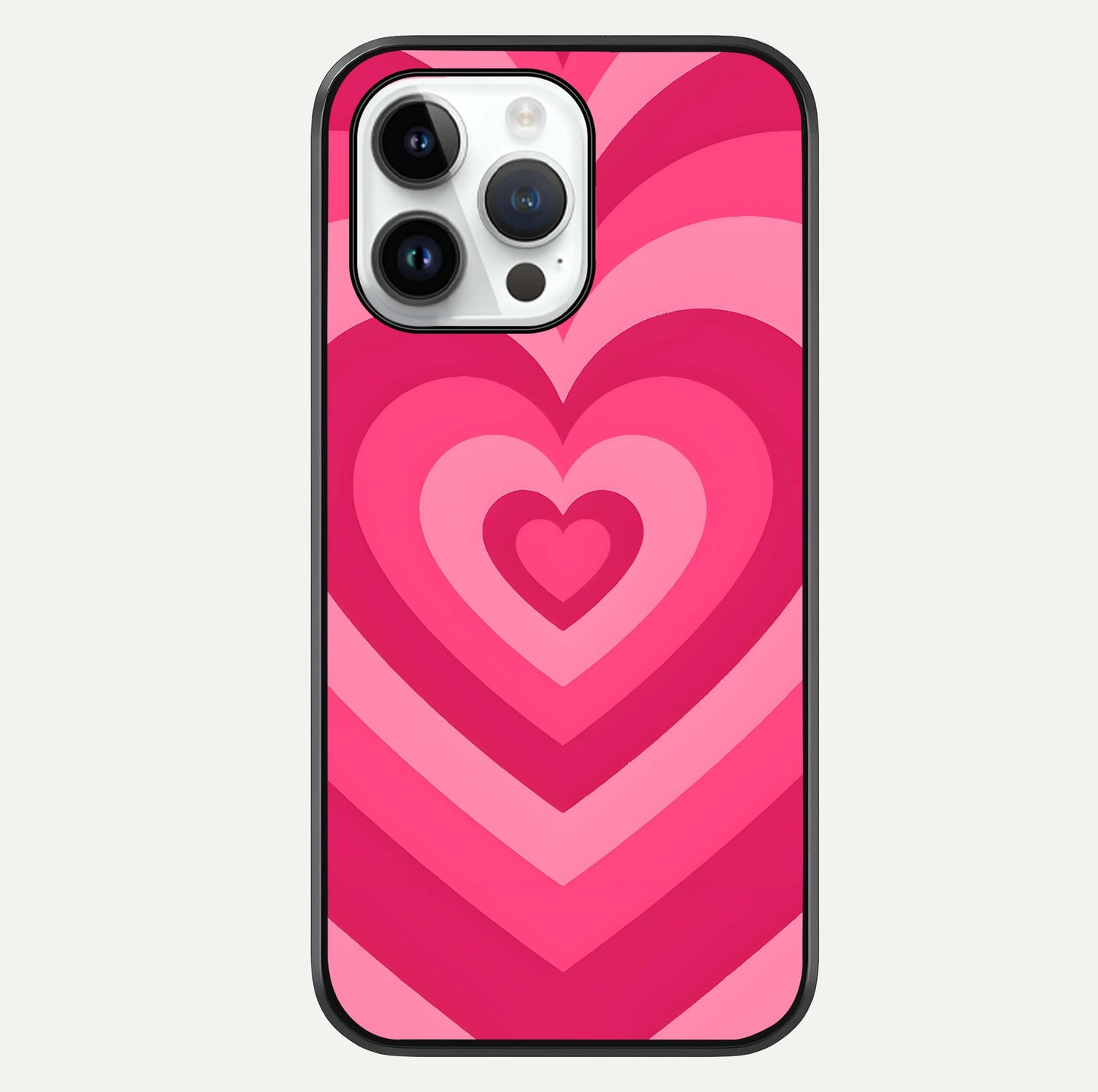 Layered Love Hearts iPhone 14 Pro glass phone case front view showcasing layered heart patterns with romantic aesthetic