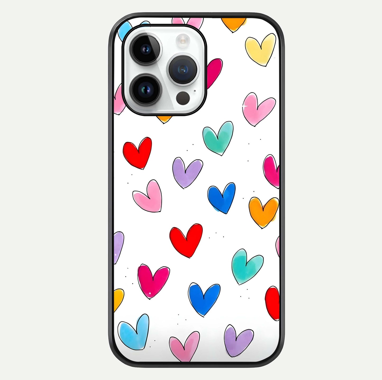 Playful Love Doodles iPhone 14 Pro glass phone case front view featuring cute love doodle illustrations with fun vibe