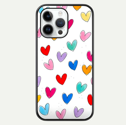 Playful Love Doodles iPhone 14 Pro glass phone case front view featuring cute love doodle illustrations with fun vibe