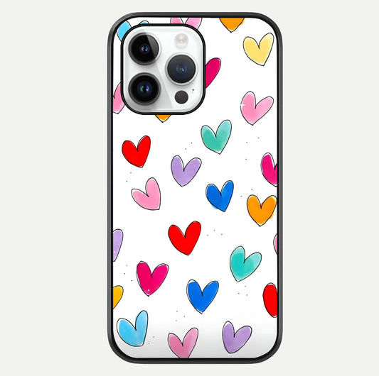 Playful Love Doodles iPhone 14 Pro glass phone case front view featuring cute love doodle illustrations with fun vibe