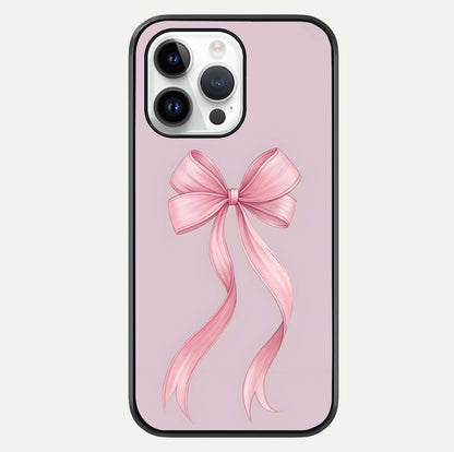 Soft Blush Bow iPhone 14 Pro glass phone case front view showcasing soft blush tones with elegant bow design