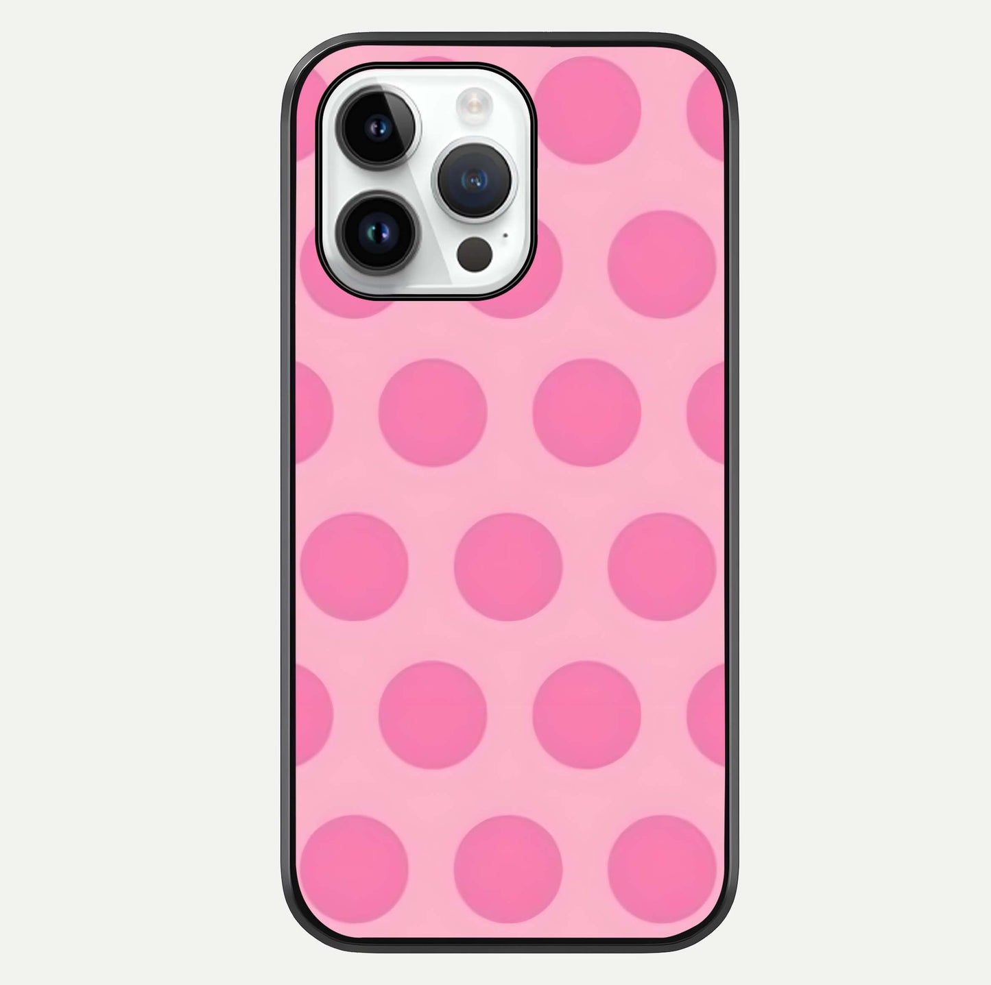 Sweet Dot Dreams iPhone 14 Pro glass phone case front view showcasing playful dot patterns with dreamy aesthetic