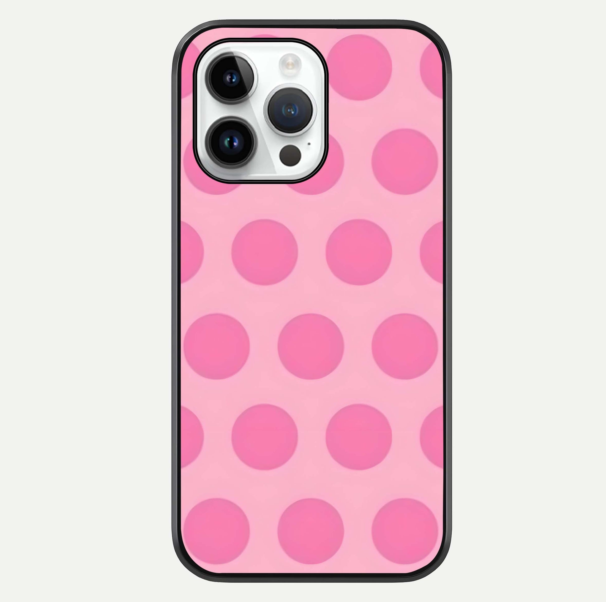 Sweet Dot Dreams iPhone 14 Pro glass phone case front view showcasing playful dot patterns with dreamy aesthetic