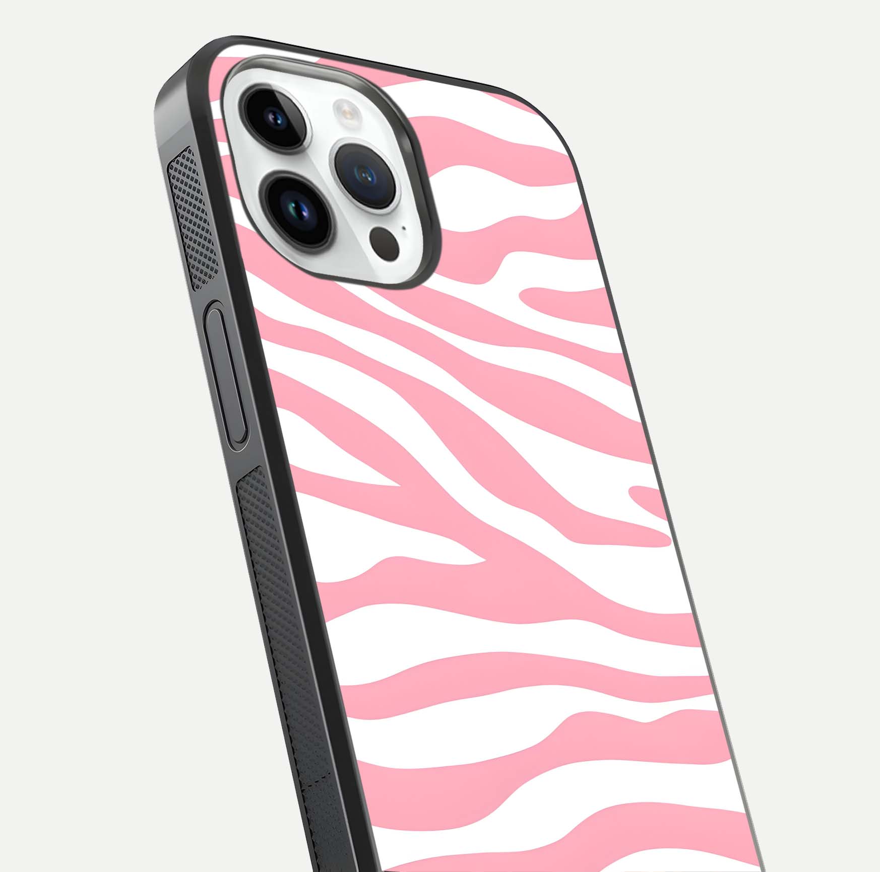 Blush Zebra Flow iPhone 14 Pro glass phone case angled back view highlighting bold zebra artwork and textured side grip