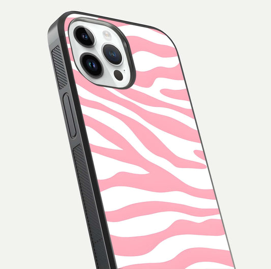 Blush Zebra Flow iPhone 14 Pro glass phone case angled back view highlighting bold zebra artwork and textured side grip
