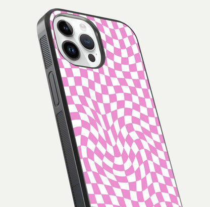 Bubblegum Check Wave iPhone 14 Pro glass phone case angled back view highlighting check wave artwork and side grip texture