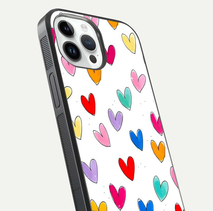 Playful Love Doodles iPhone 14 Pro glass phone case angled back view highlighting doodle artwork and textured grip edges