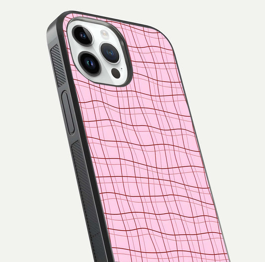 Soft Grid Bliss iPhone 14 Pro glass phone case angled back view highlighting grid artwork and side grip texture
