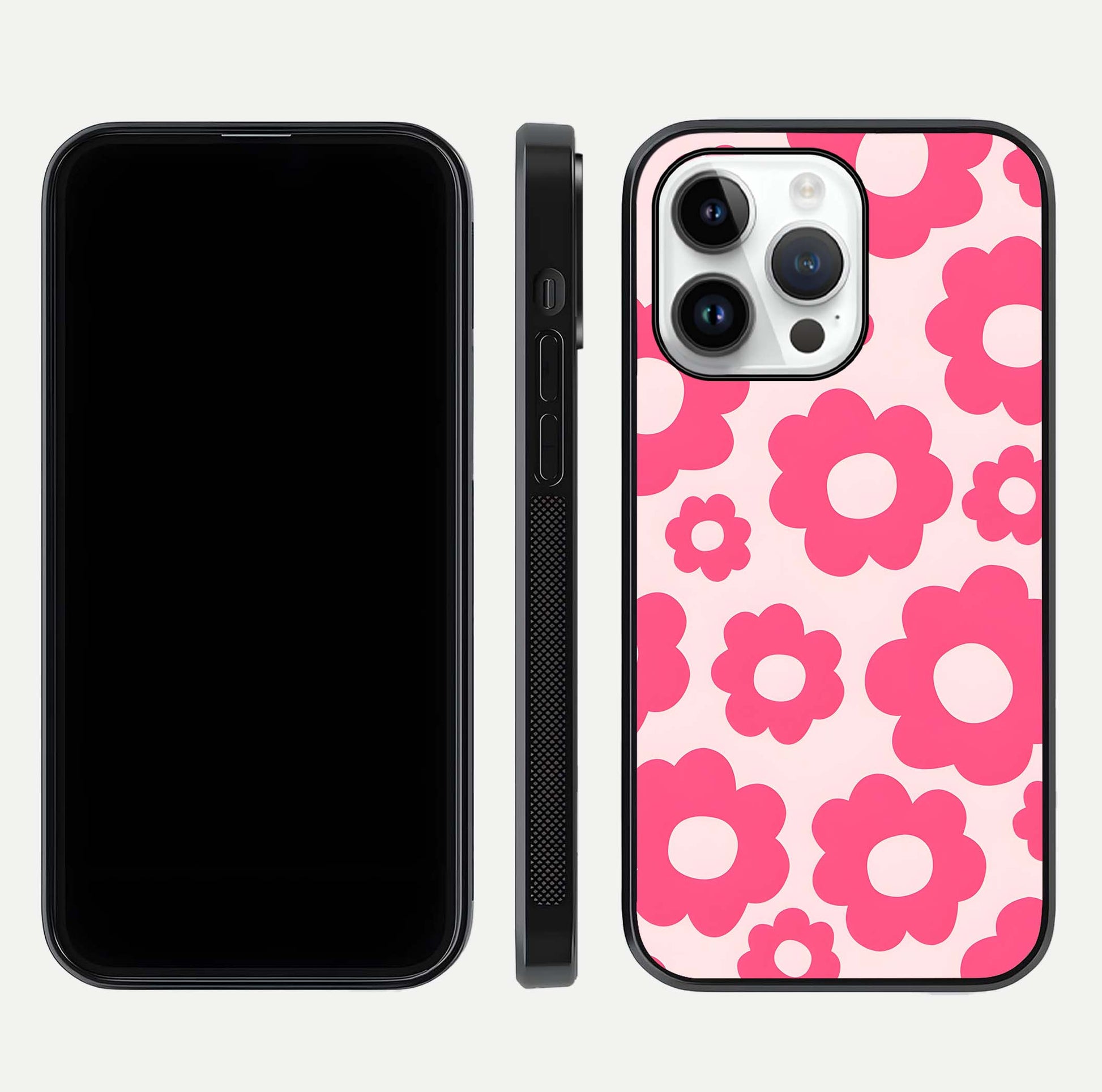 Blush Flower Pop iPhone 14 Pro glass phone case front and side layout view showing slim profile and full floral coverage