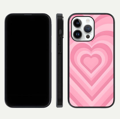 Blush Heart Waves iPhone 14 Pro glass phone case front and side layout view displaying slim frame and full heart pattern