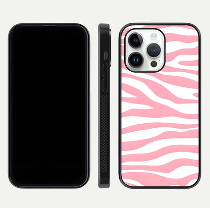 Blush Zebra Flow iPhone 14 Pro glass phone case front and side layout view showing slim build and flowing pattern coverage