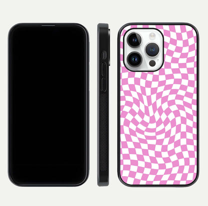 Bubblegum Check Wave iPhone 14 Pro glass phone case front and side layout view displaying slim profile and full pattern coverage