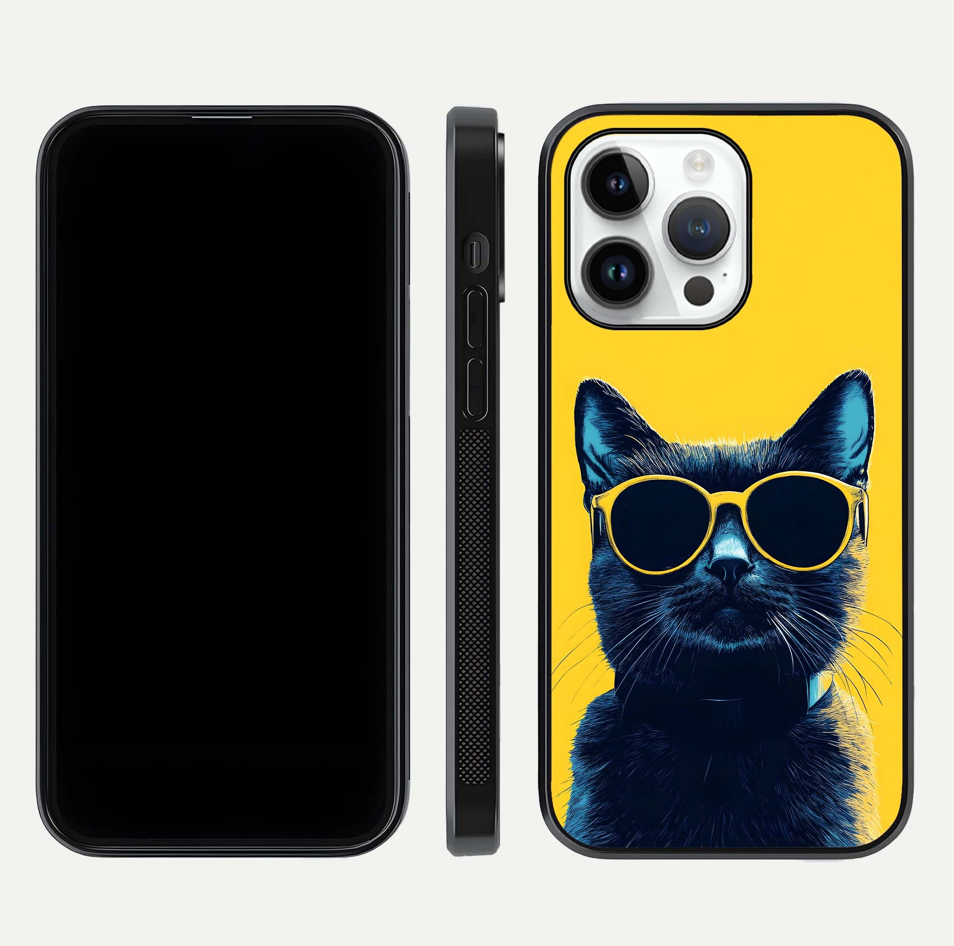 Cool Cat Vibes iPhone 14 Pro glass phone case front and side layout view showing slim frame and full design coverage