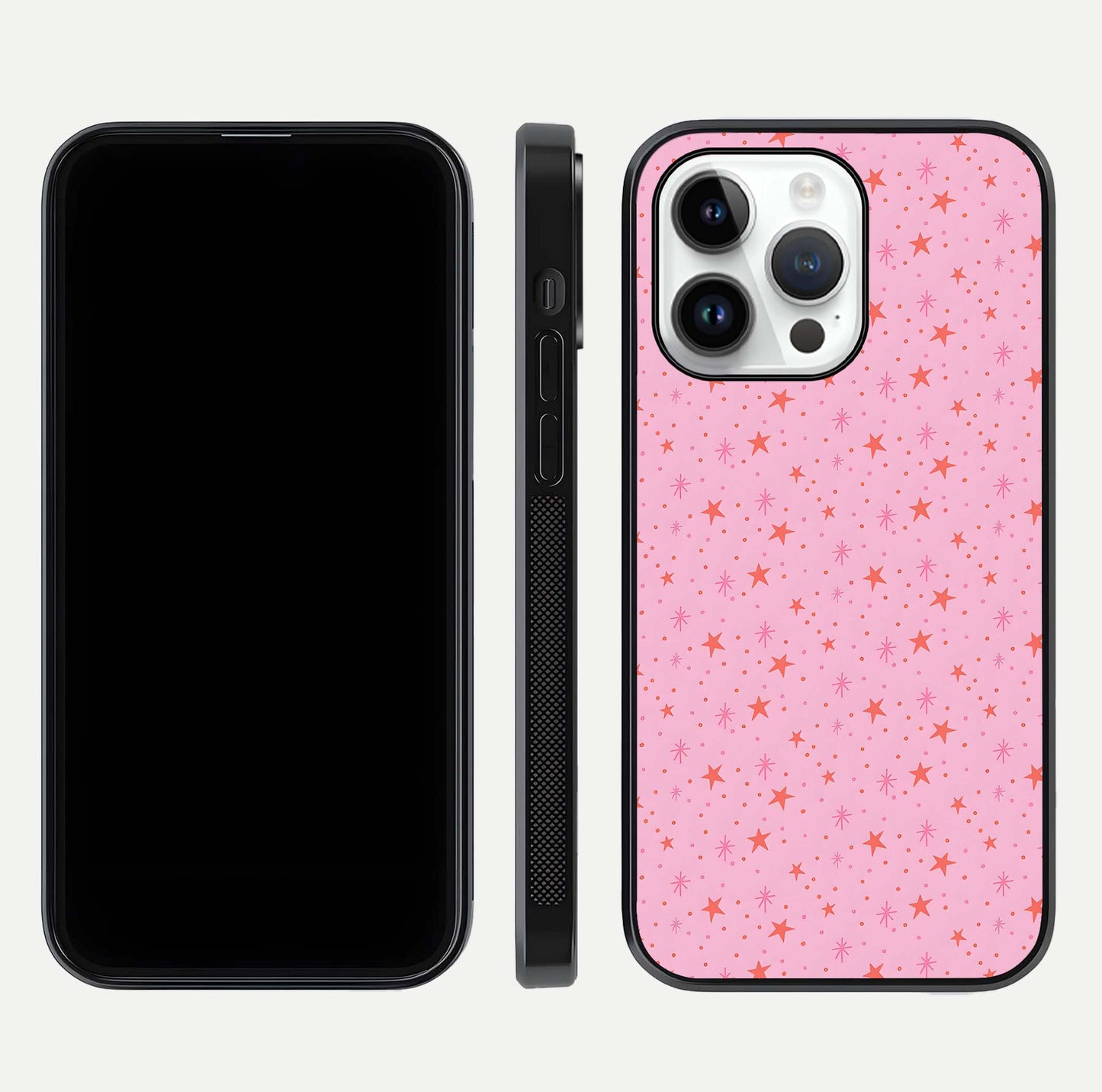 Cosmic Pink Sparkle iPhone 14 Pro glass phone case front and side layout view displaying slim profile and full cosmic coverage