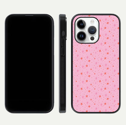 Cosmic Pink Sparkle iPhone 14 Pro glass phone case front and side layout view displaying slim profile and full cosmic coverage