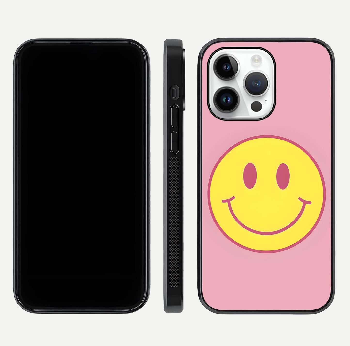 Happy Pink Mood iPhone 14 Pro glass phone case front and side layout view showing slim build and full pink coverage