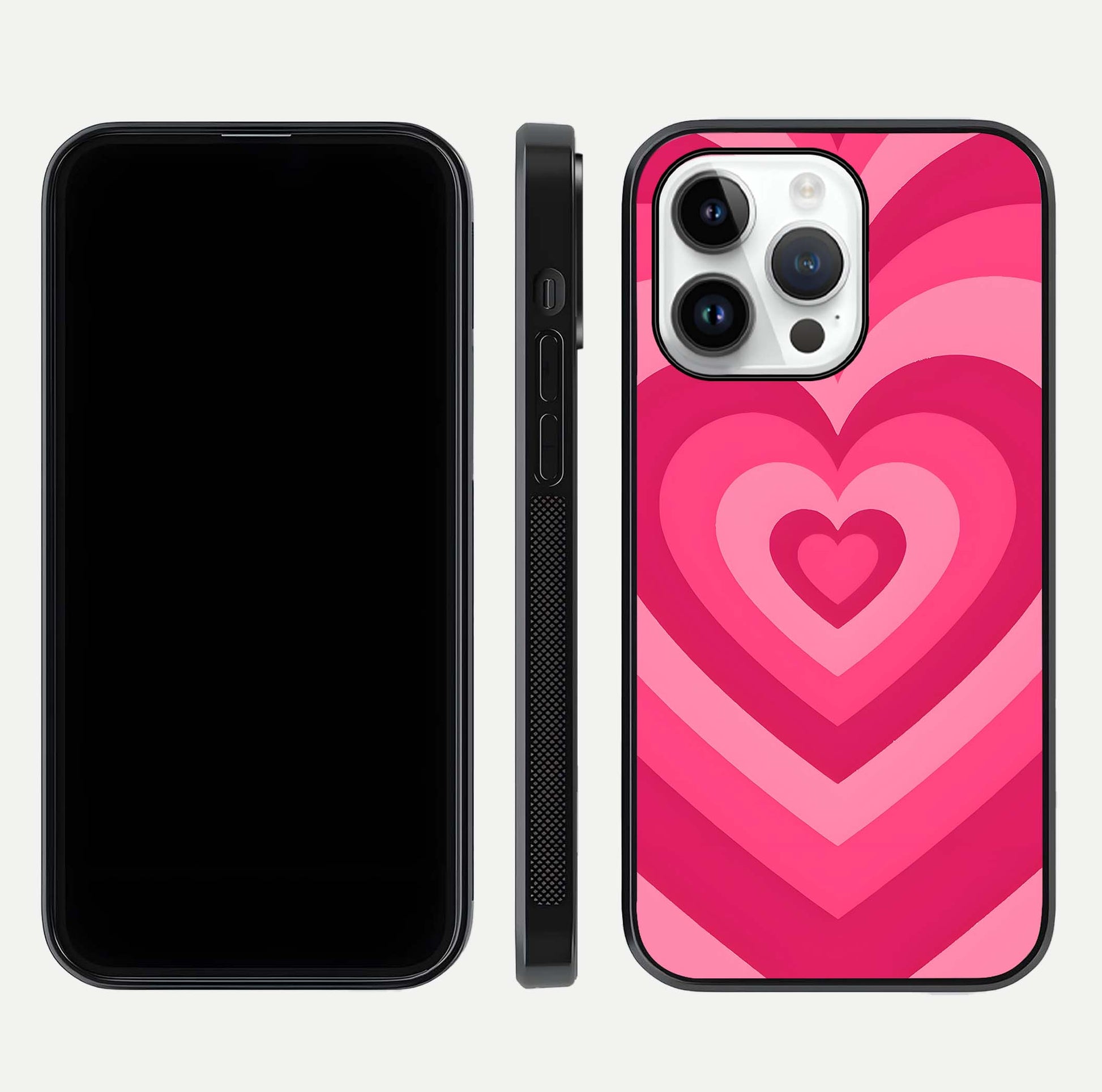 Layered Love Hearts iPhone 14 Pro glass phone case front and side layout view displaying slim profile and full heart design