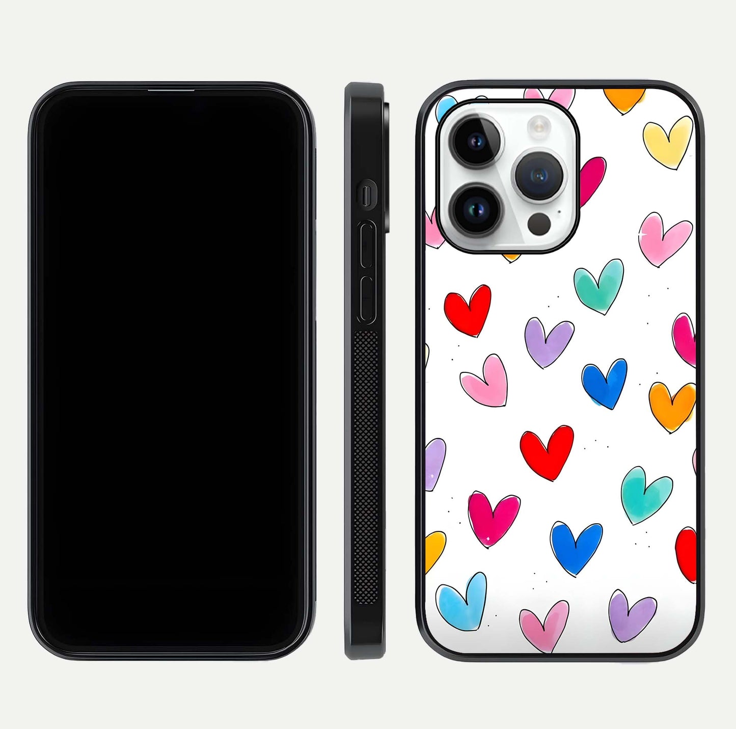 Playful Love Doodles iPhone 14 Pro glass phone case front and side layout view showing slim build and full doodle coverage