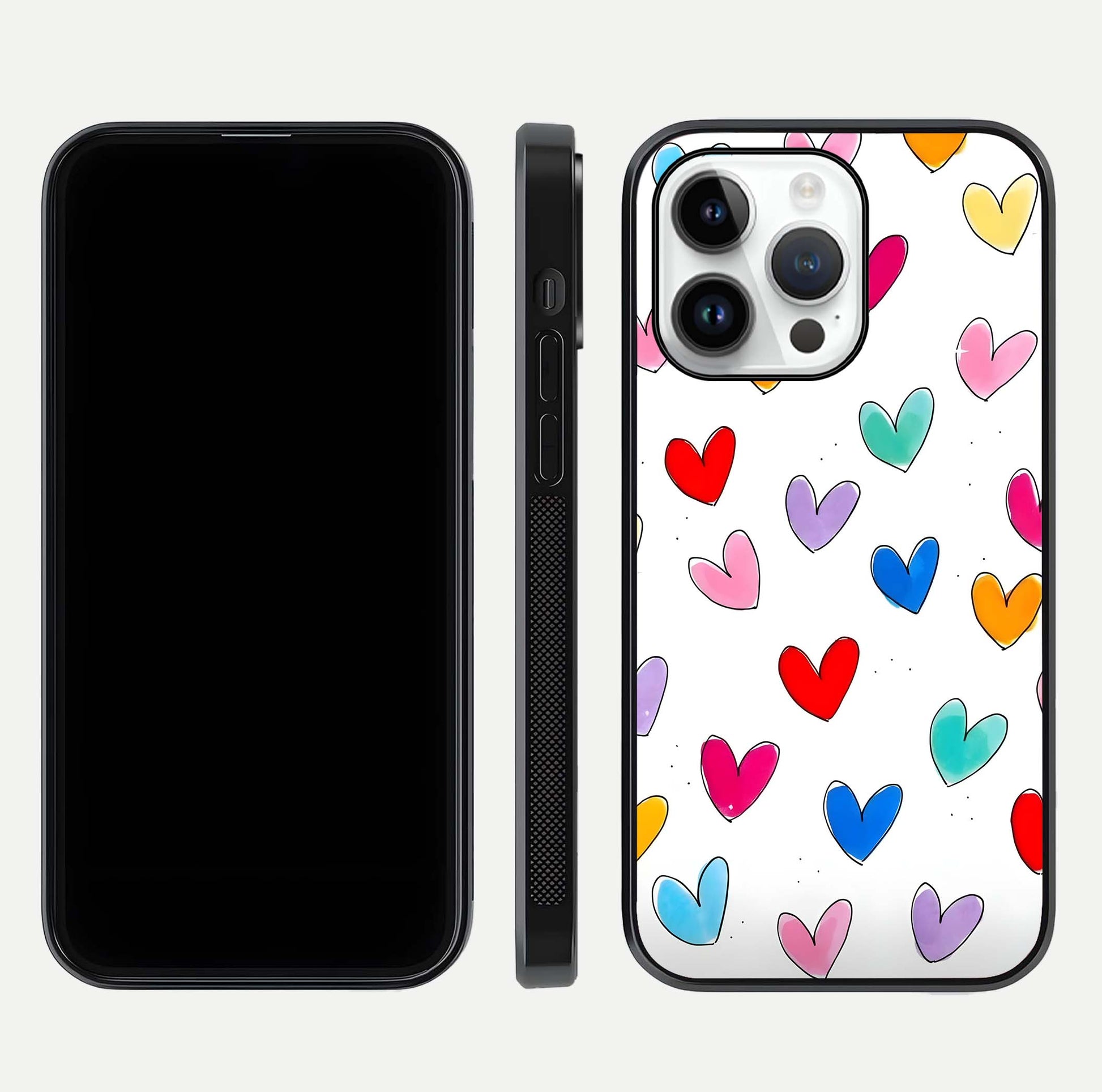 Playful Love Doodles iPhone 14 Pro glass phone case front and side layout view showing slim build and full doodle coverage