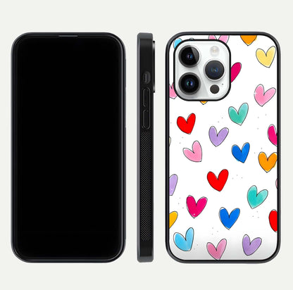 Playful Love Doodles iPhone 14 Pro glass phone case front and side layout view showing slim build and full doodle coverage