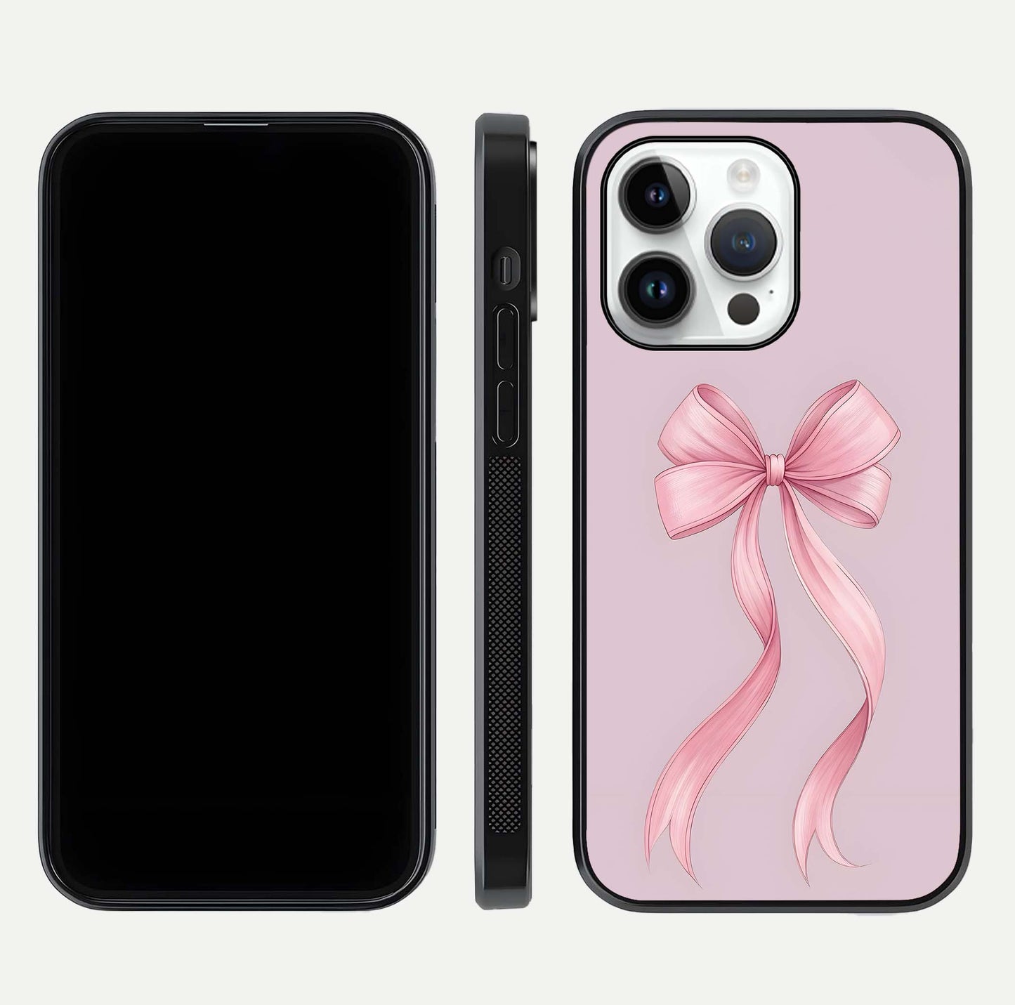 Soft Blush Bow iPhone 14 Pro glass phone case front and side layout view displaying slim profile and gentle aesthetic