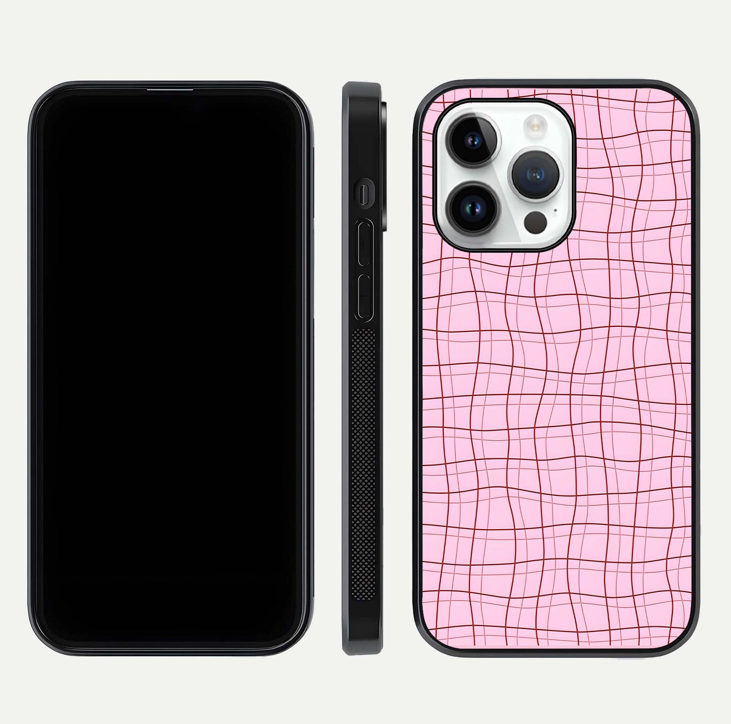 Soft Grid Bliss iPhone 14 Pro glass phone case front and side layout view displaying slim profile and clean design