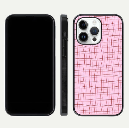 Soft Grid Bliss iPhone 14 Pro glass phone case front and side layout view displaying slim profile and clean design