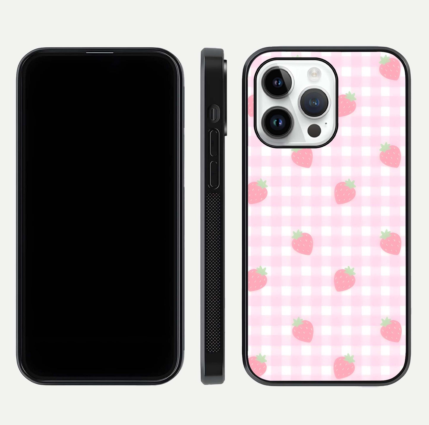 Strawberry Picnic Love iPhone 14 Pro glass phone case front and side layout view showing slim profile and full picnic design