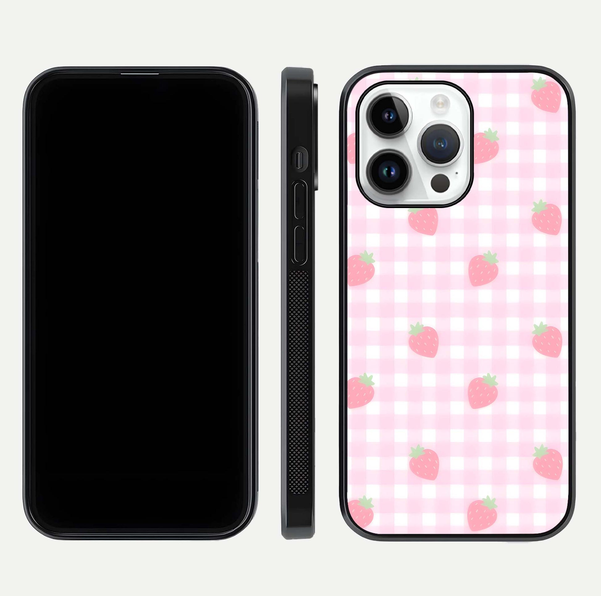 Strawberry Picnic Love iPhone 14 Pro glass phone case front and side layout view showing slim profile and full picnic design