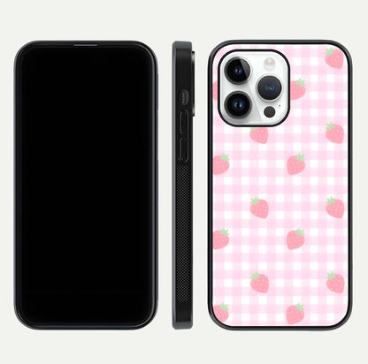 Strawberry Picnic Love iPhone 14 Pro glass phone case front and side layout view showing slim profile and full picnic design