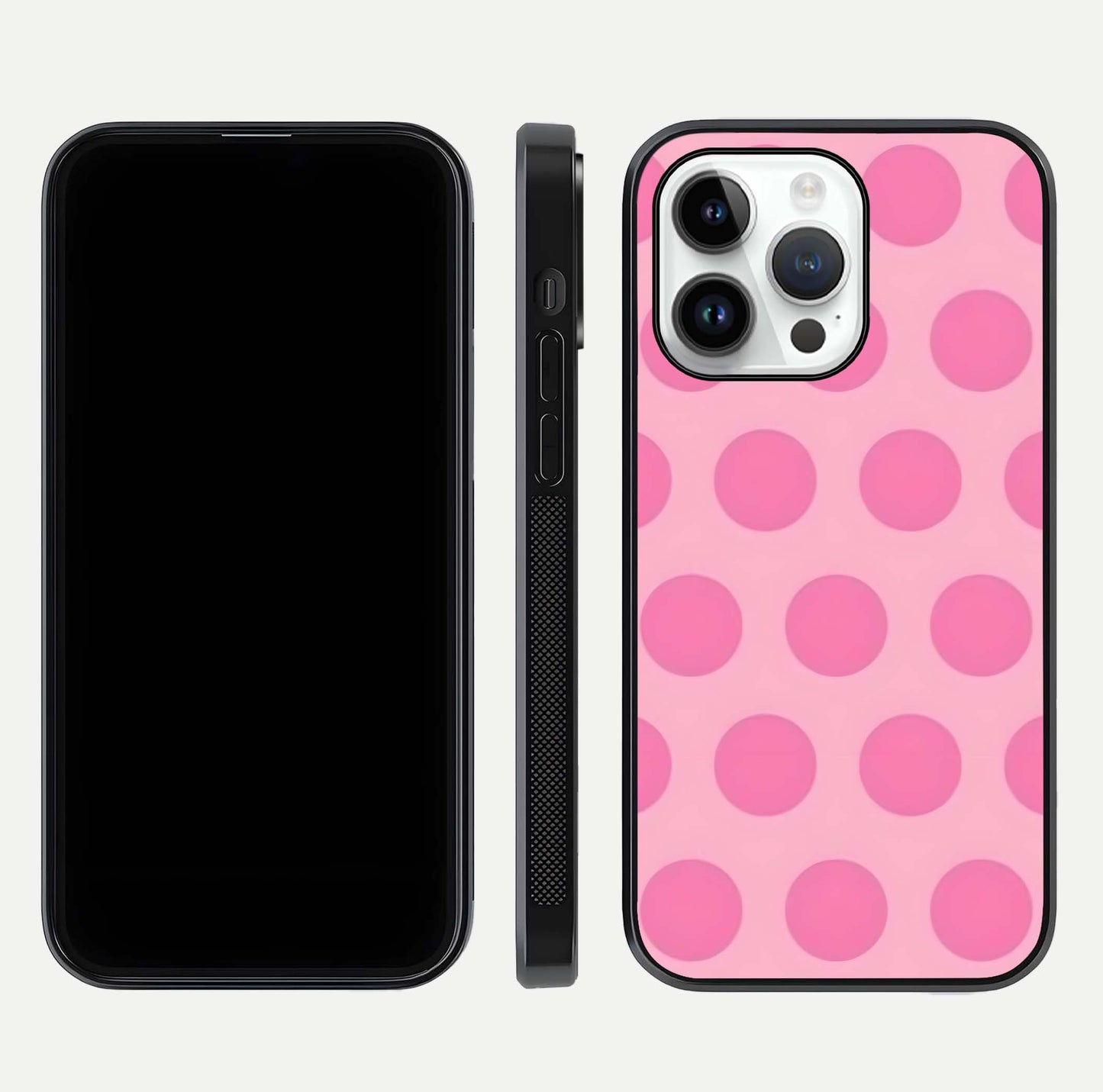 Sweet Dot Dreams iPhone 14 Pro glass phone case front and side layout view displaying slim build and full dot design