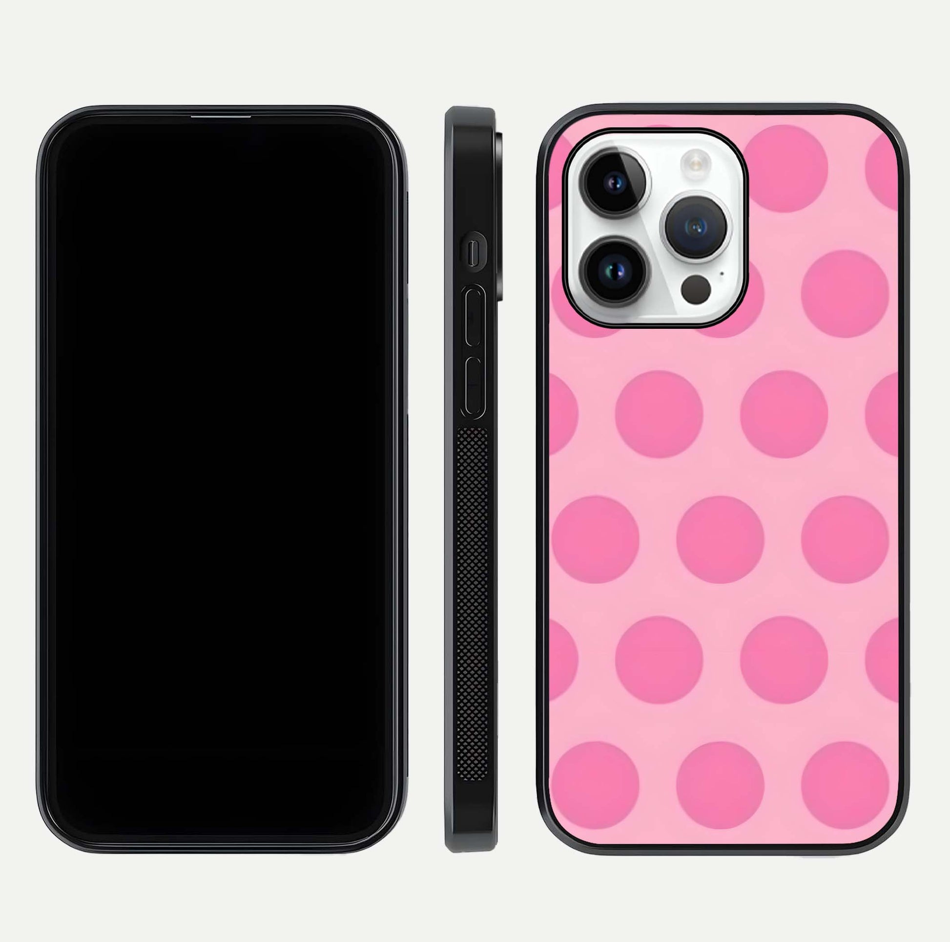 Sweet Dot Dreams iPhone 14 Pro glass phone case front and side layout view displaying slim build and full dot design