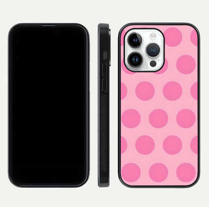 Sweet Dot Dreams iPhone 14 Pro glass phone case front and side layout view displaying slim build and full dot design